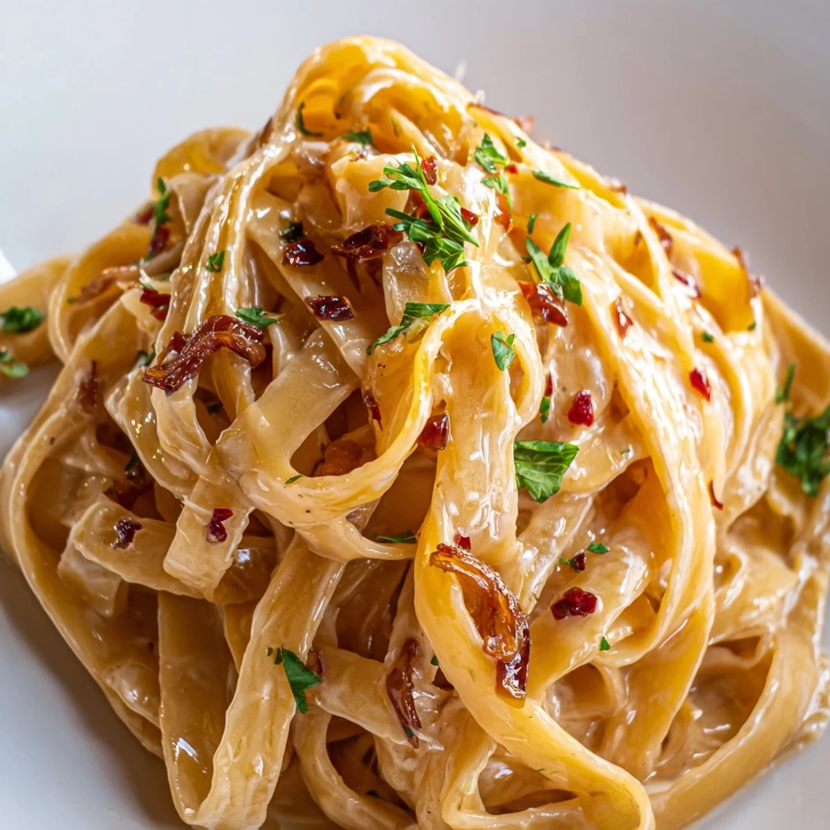Creamy Sweet Heat Caramelized Onion Fettuccine topped with fresh parsley and Parmesan cheese