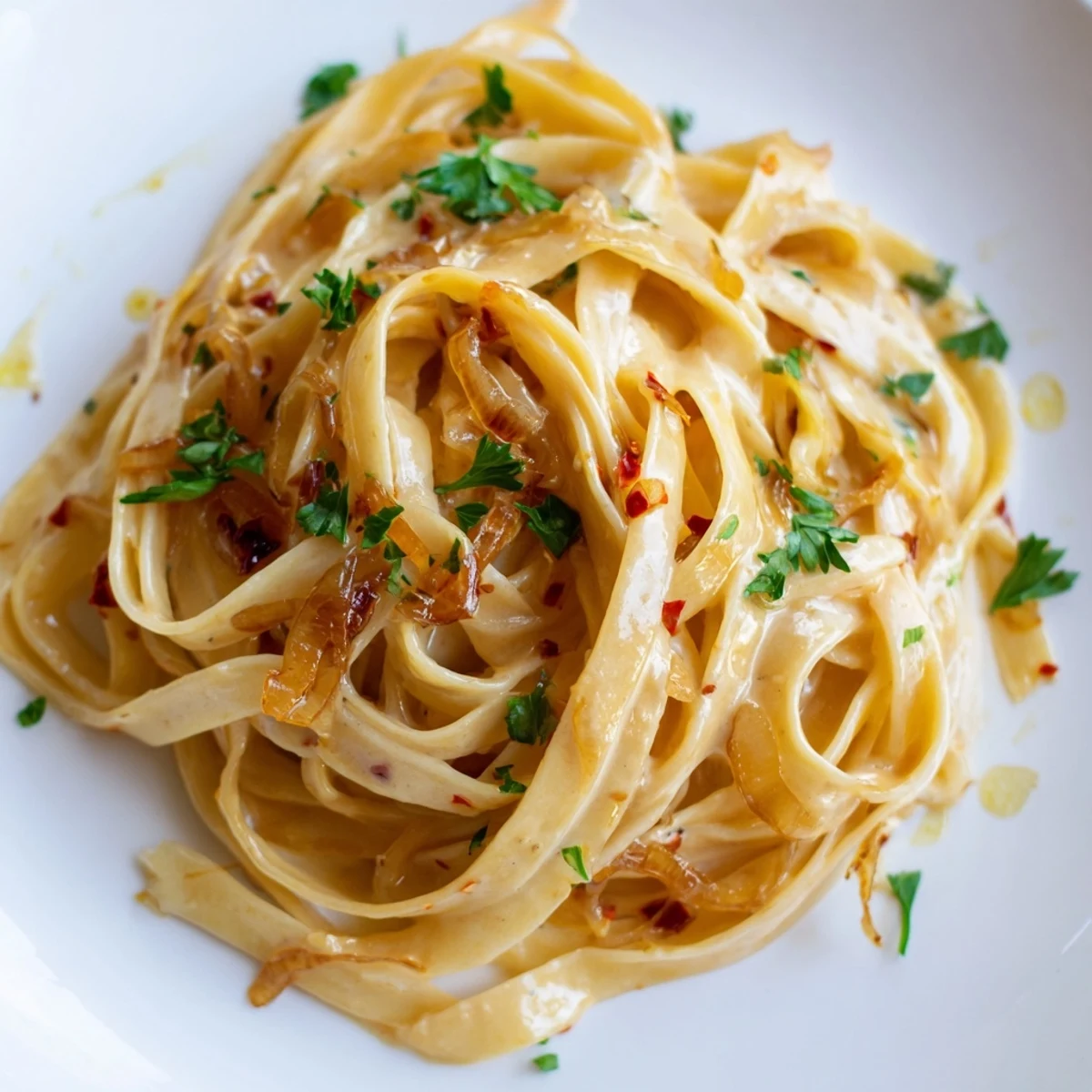 Golden caramelized onions coat Sweet Heat Caramelized Onion Fettuccine in a creamy, spicy sauce