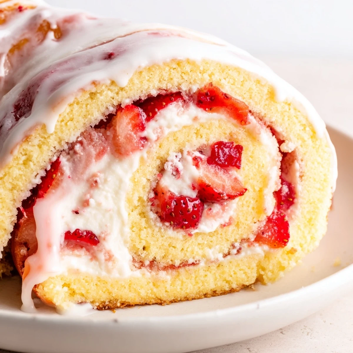 Golden Strawberry Shortcake Cheesecake Rolls drizzled with sweet vanilla glaze on a white plate