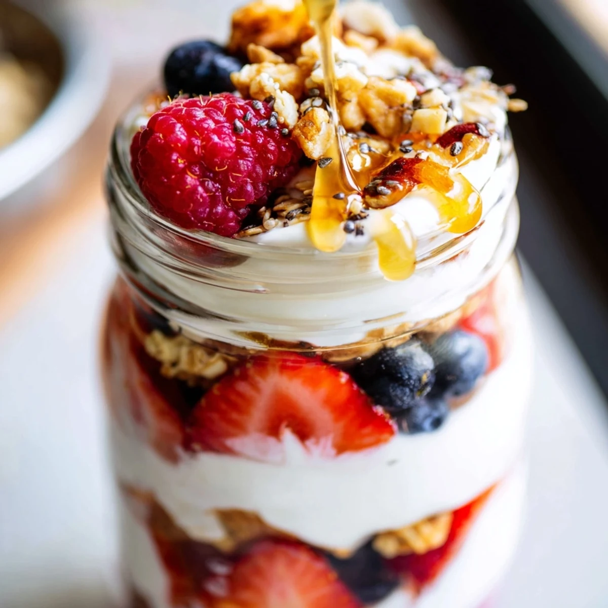 Creamy Greek yogurt parfait layered with fresh berries and crunchy granola in a glass