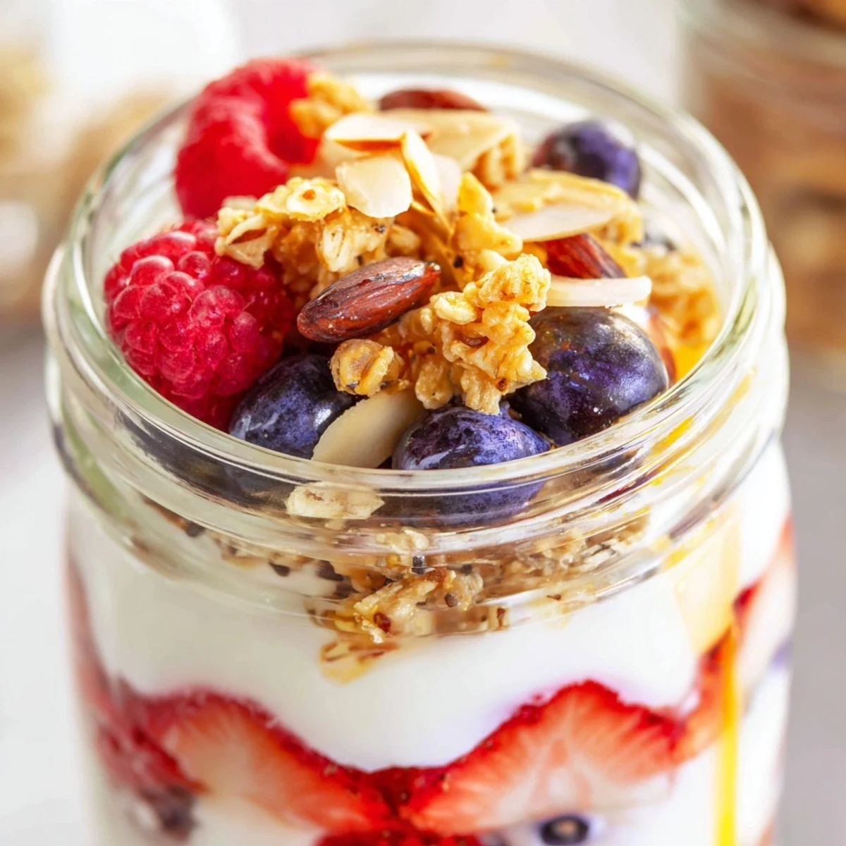 Greek yogurt parfait topped with vibrant mixed berries and golden oat granola