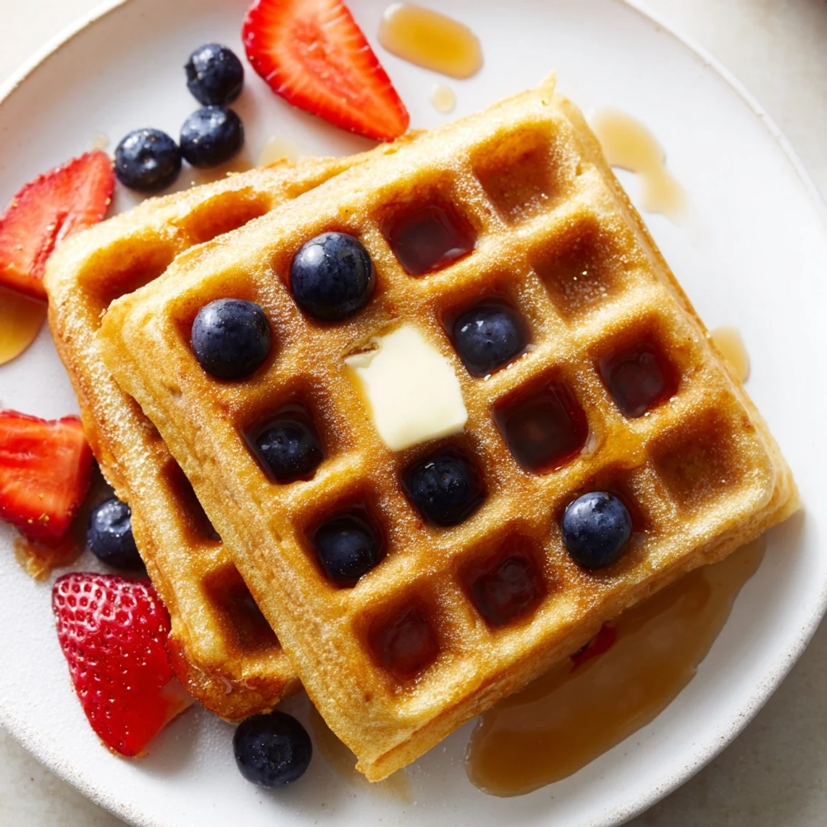 Golden brown Greek yogurt waffles topped with fresh berries and maple syrup on a white plate