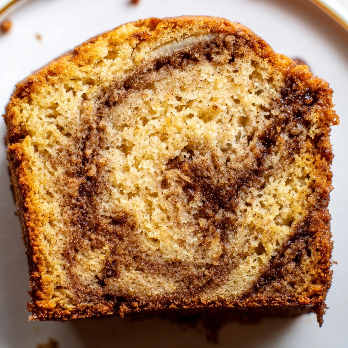 Moist cinnamon sugar swirl banana bread with rippled spiced pattern on rustic plate