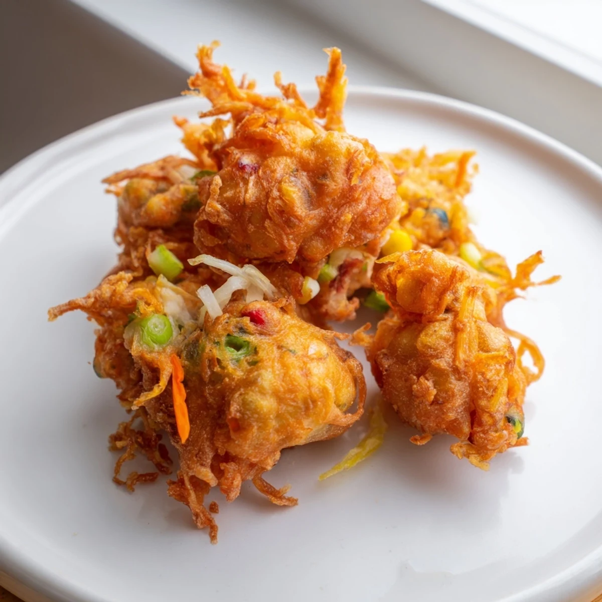 Crispy golden Ukoy Filipino shrimp fritters topped with whole shrimp and fresh vegetables