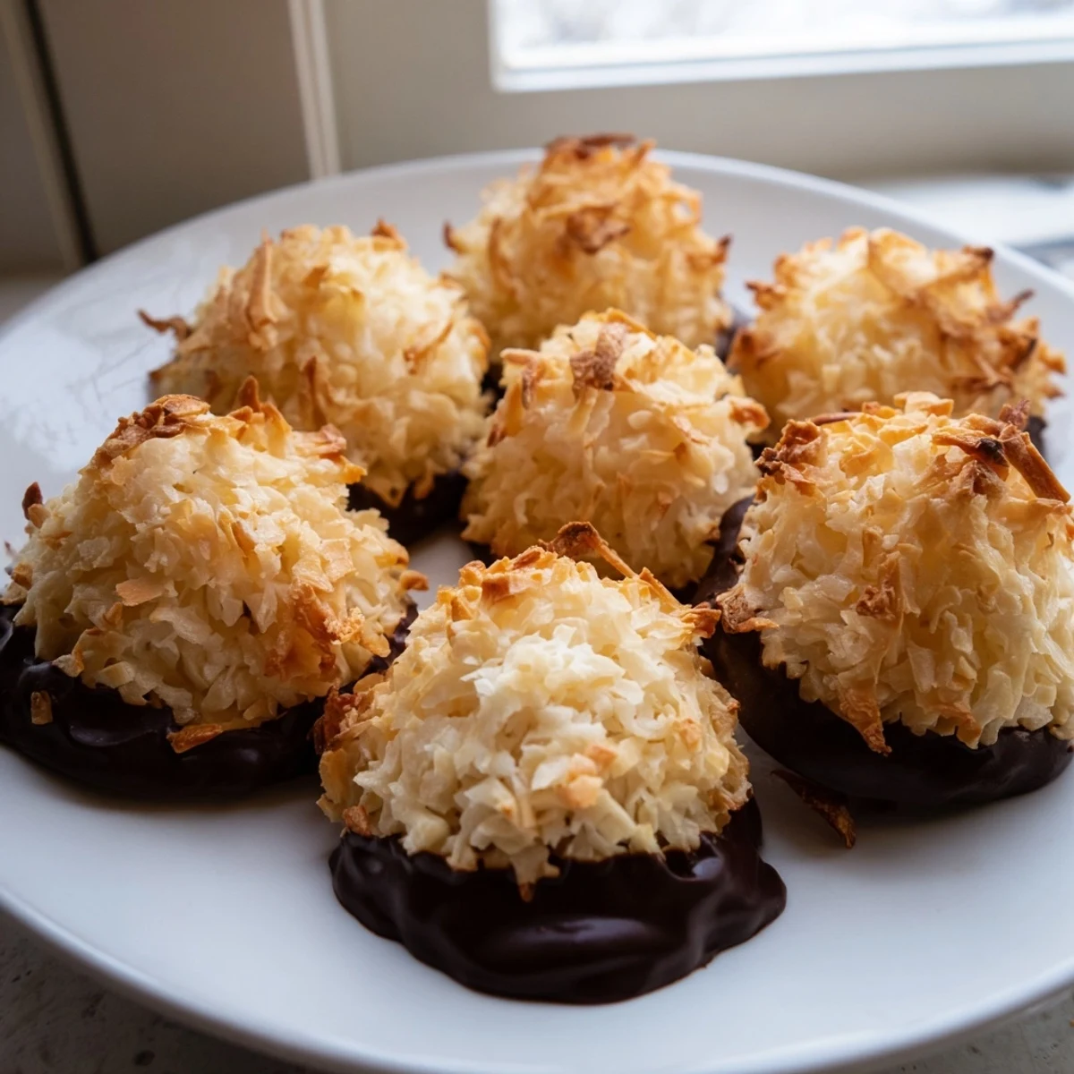 Golden coconut macaroons with crispy edges and chewy centers on a white baking sheet