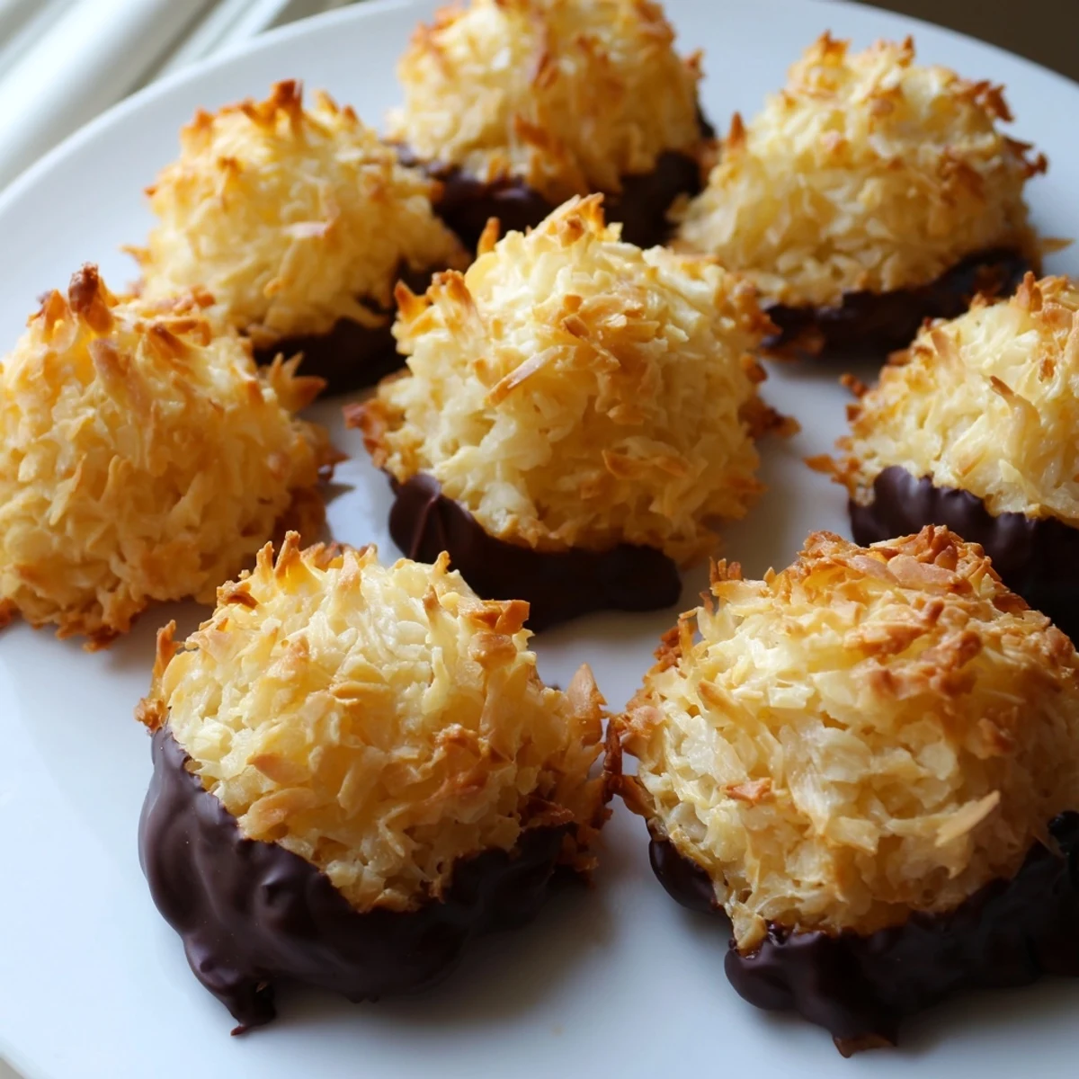 Chewy coconut macaroons dipped in rich melted chocolate ready for dessert serving