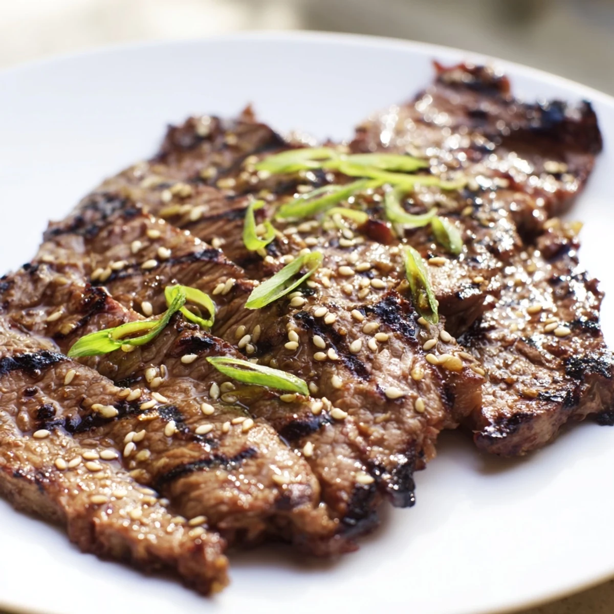 Caramelized Beef Yakiniku sizzling on a grill pan with colorful bell peppers and zucchini