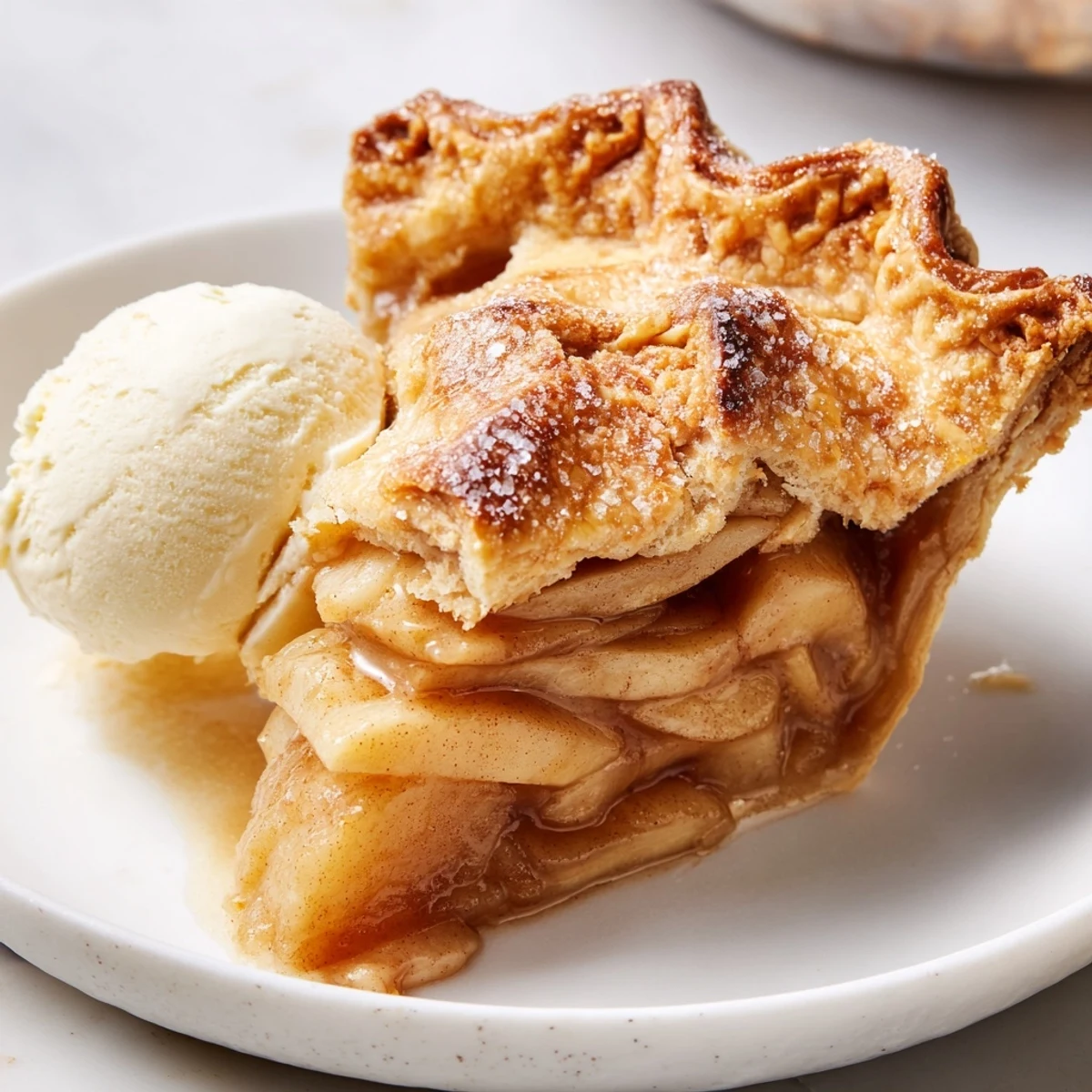 Classic American apple pie bubbling with cinnamon-spiced apples in buttery crust