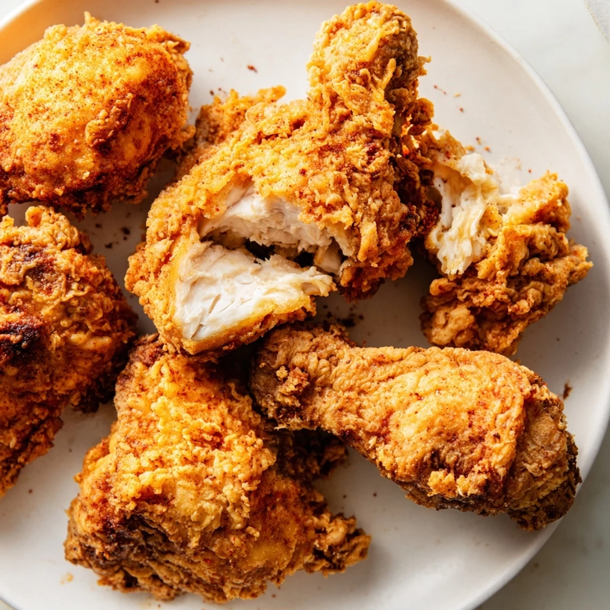Juicy fried chicken with a shatteringly crisp coating served alongside creamy mashed potatoes