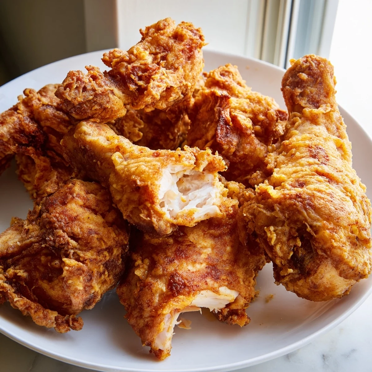 Crispy golden fried chicken pieces stacked on a wire rack with crunchy seasoned breading