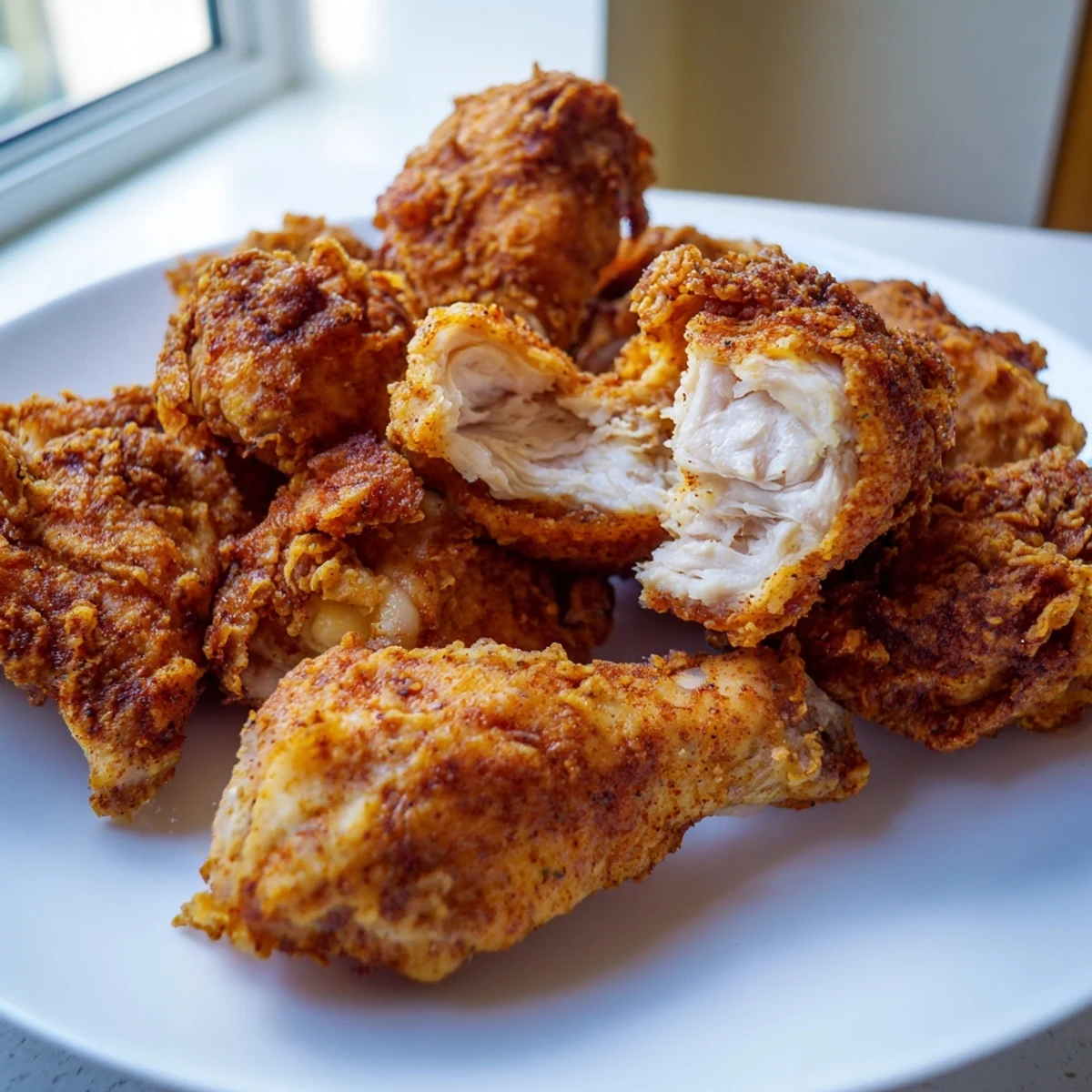 Close-up of perfectly golden fried chicken showing a moist tender interior beneath crunchy skin