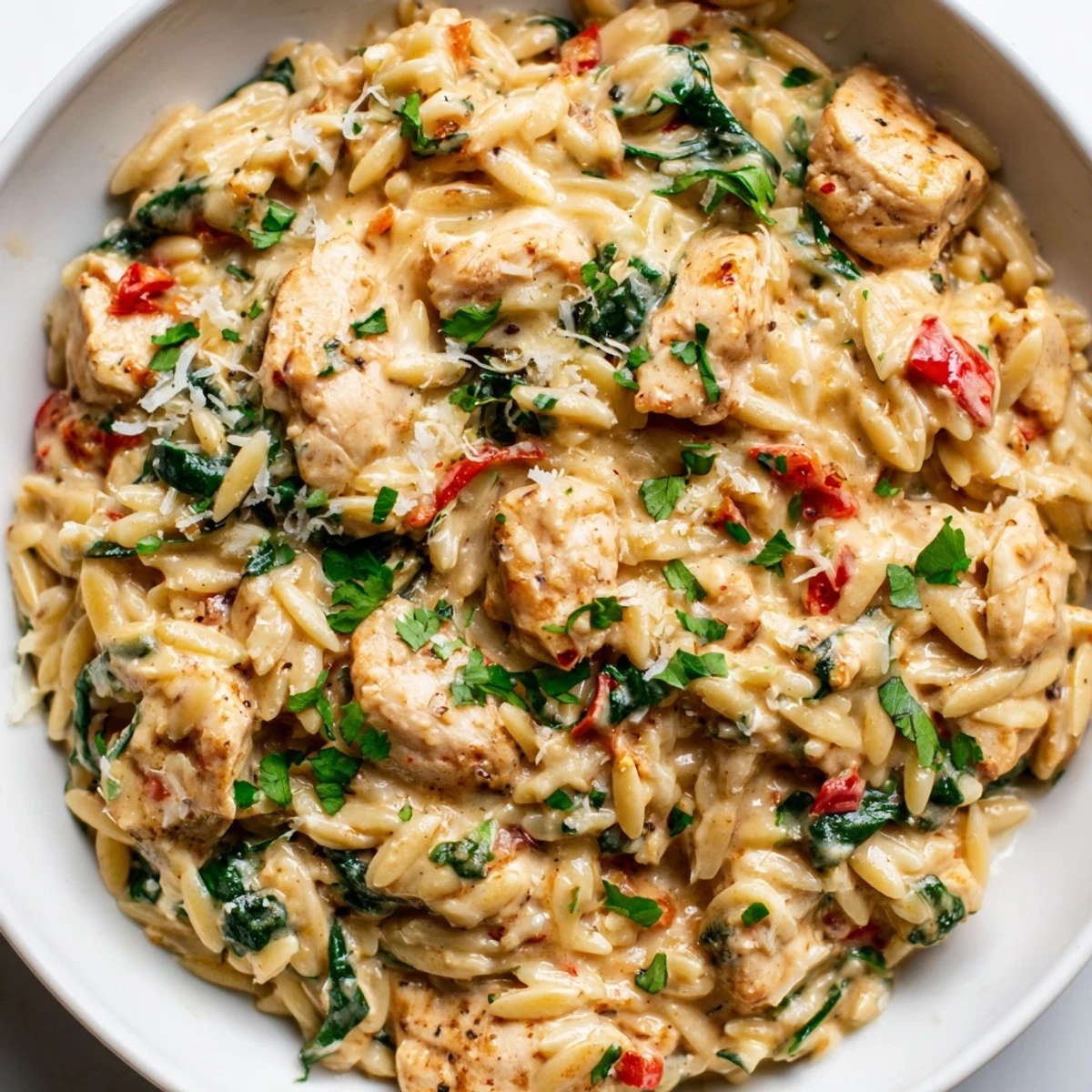 Creamy One Pot Cajun Chicken Alfredo Orzo in a skillet with tender chicken pieces and vibrant red peppers