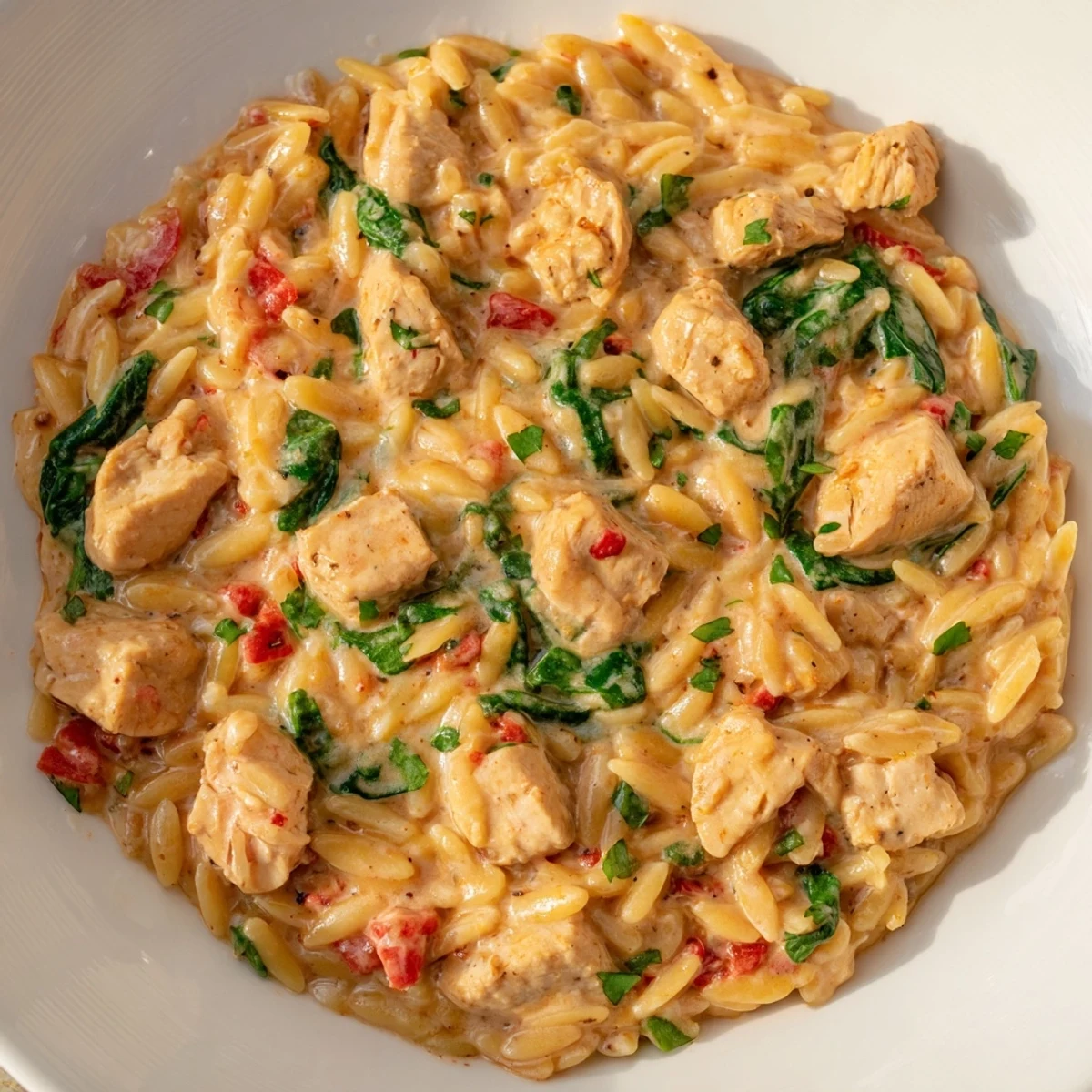 Steaming bowl of One Pot Cajun Chicken Alfredo Orzo topped with fresh parsley and Parmesan cheese