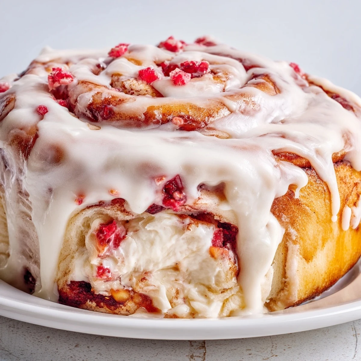 Golden Strawberry Cheesecake Cinnabon Rolls drizzled with creamy vanilla glaze on a white plate