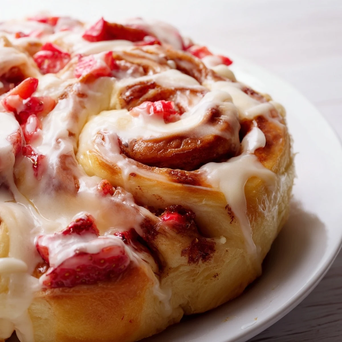 Fluffy Strawberry Cheesecake Cinnabon Rolls swirled with cinnamon and topped with sweet strawberry pieces