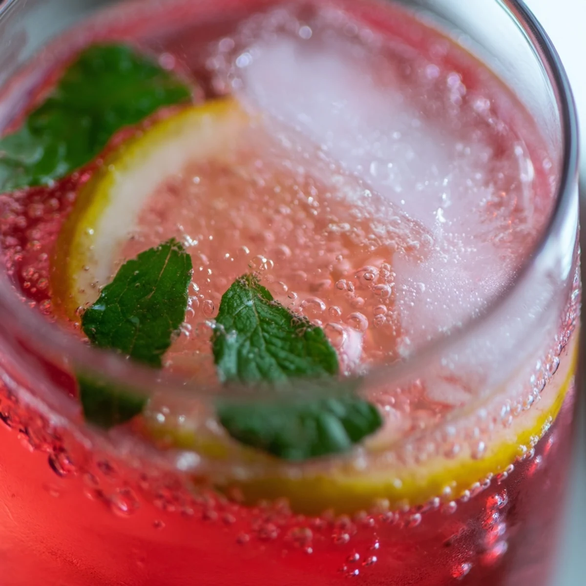 Refreshing Honey Lemon Pink Soda in tall glasses with ice, mint, and lemon slices glistening in sunlight