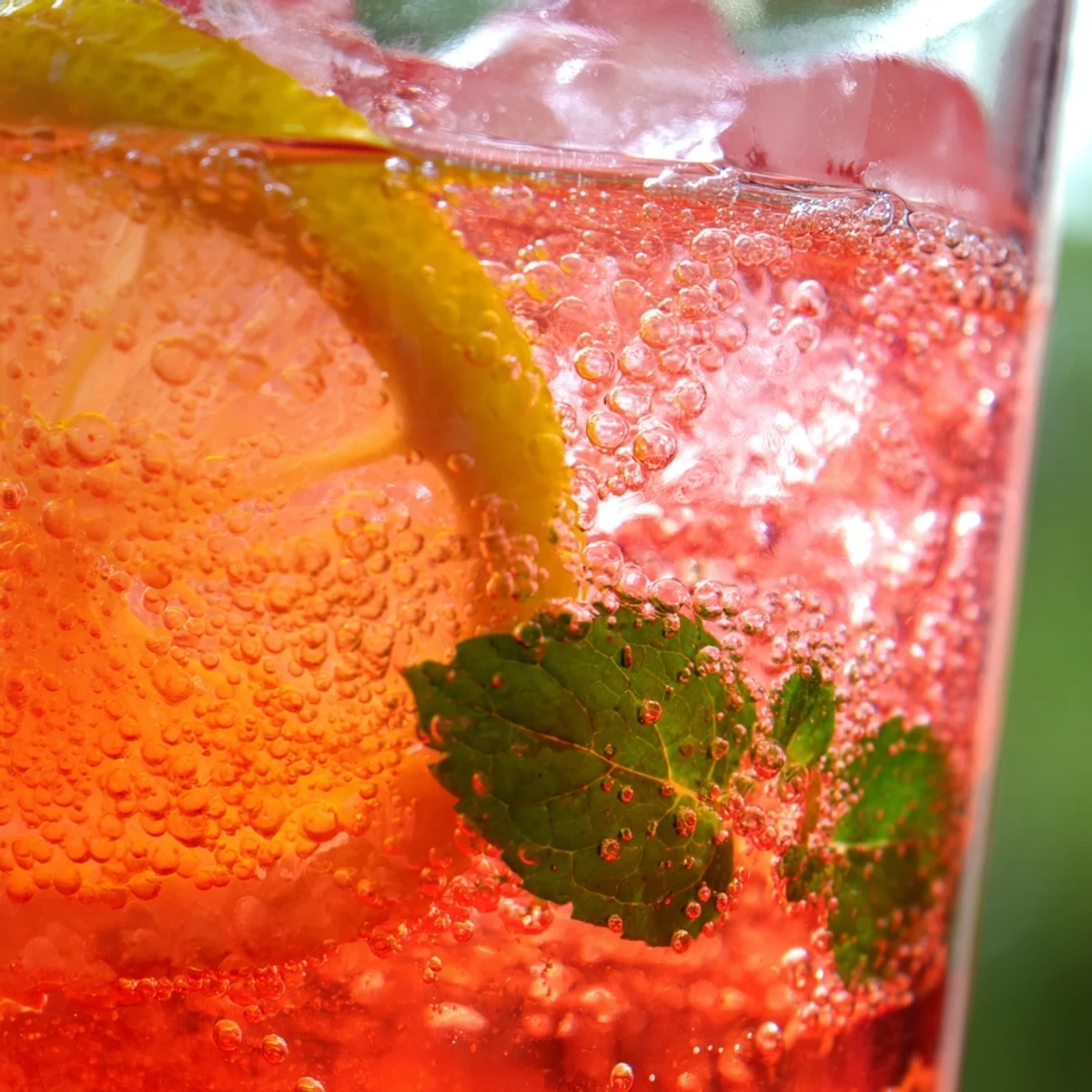 Sparkling Honey Lemon Pink Soda garnished with fresh mint leaves and lemon wheels over cracked ice