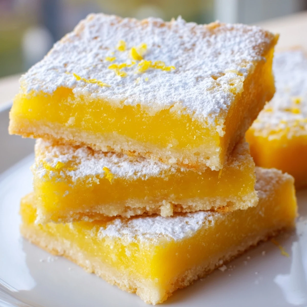 Golden lemon bars dusted with powdered sugar on a rustic white serving plate