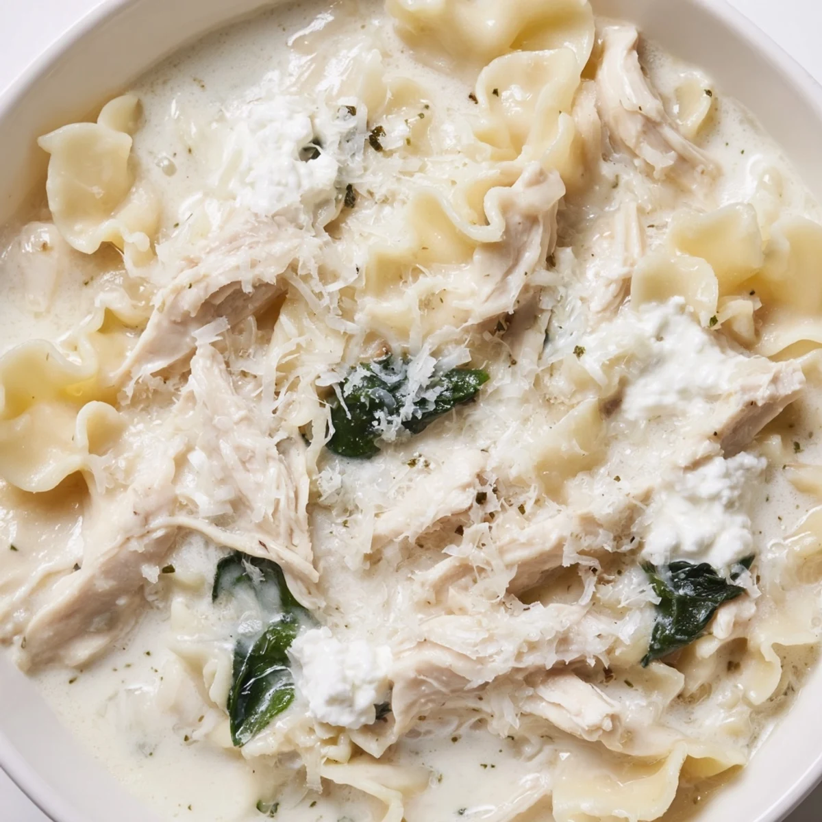 Creamy white lasagna soup in a white bowl with melted cheese and tender noodles