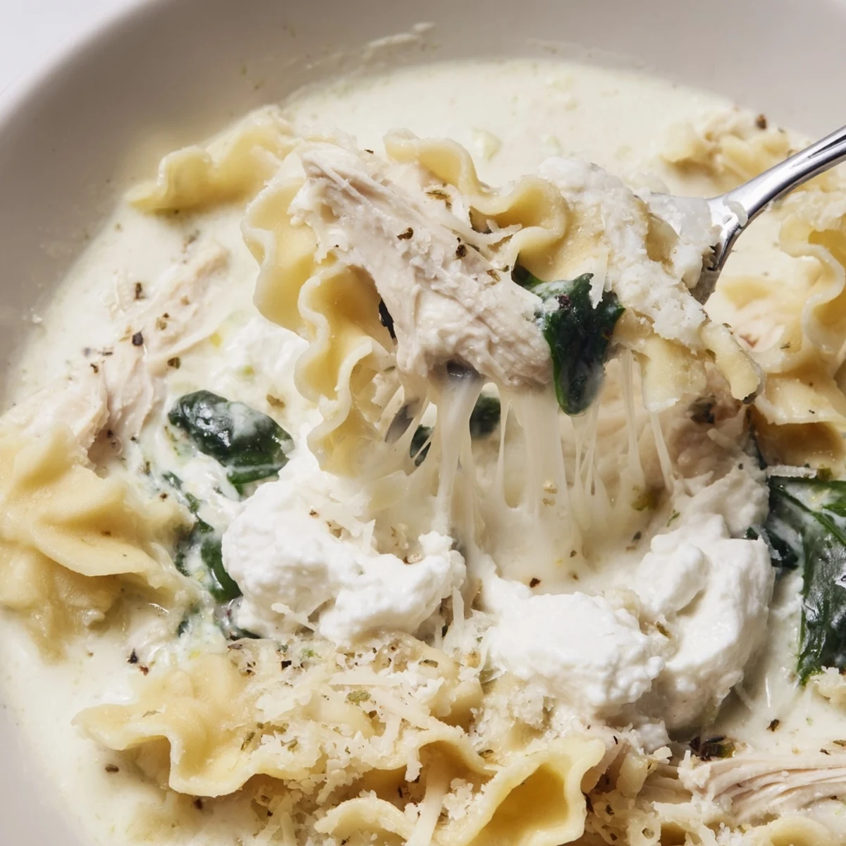 Steaming bowl of white lasagna soup topped with Parmesan and fresh cracked pepper