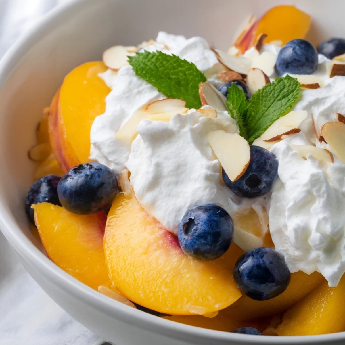 Creamy Peaches and Cream Salad topped with fresh mint and sliced almonds in a glass bowl
