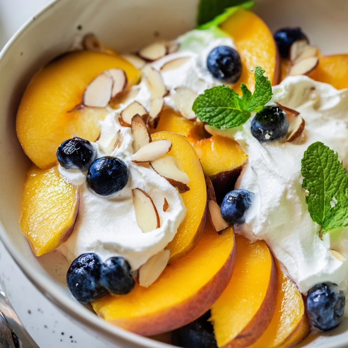 Sliced ripe peaches layered with fluffy whipped cream in this refreshing Peaches and Cream Salad