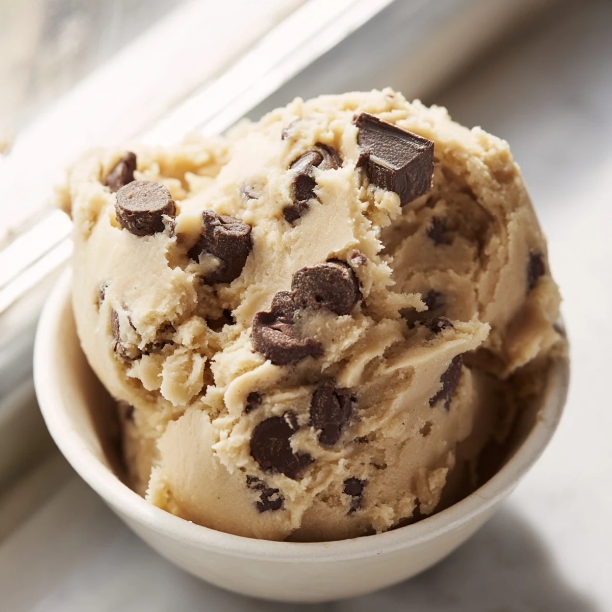 Creamy edible chocolate chip cookie dough scooped into balls and studded with melty chips