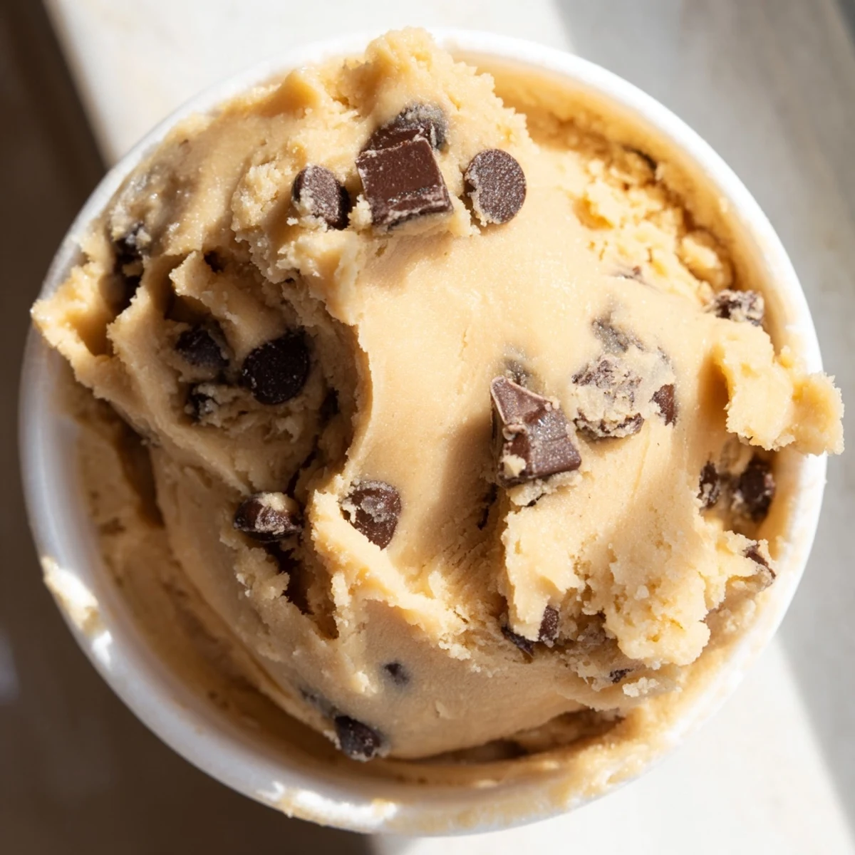 Safe-to-eat chocolate chip cookie dough in a bowl with scattered chocolate chips nearby