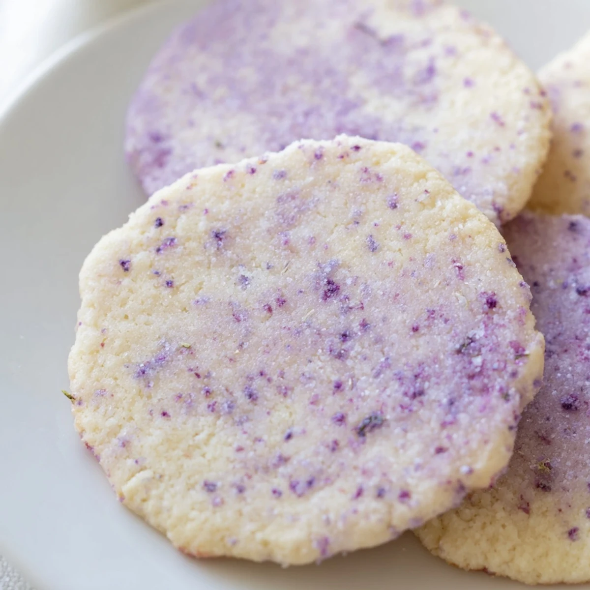 Soft lilac sugar cookies with pale purple edges cooling on a wire baking rack