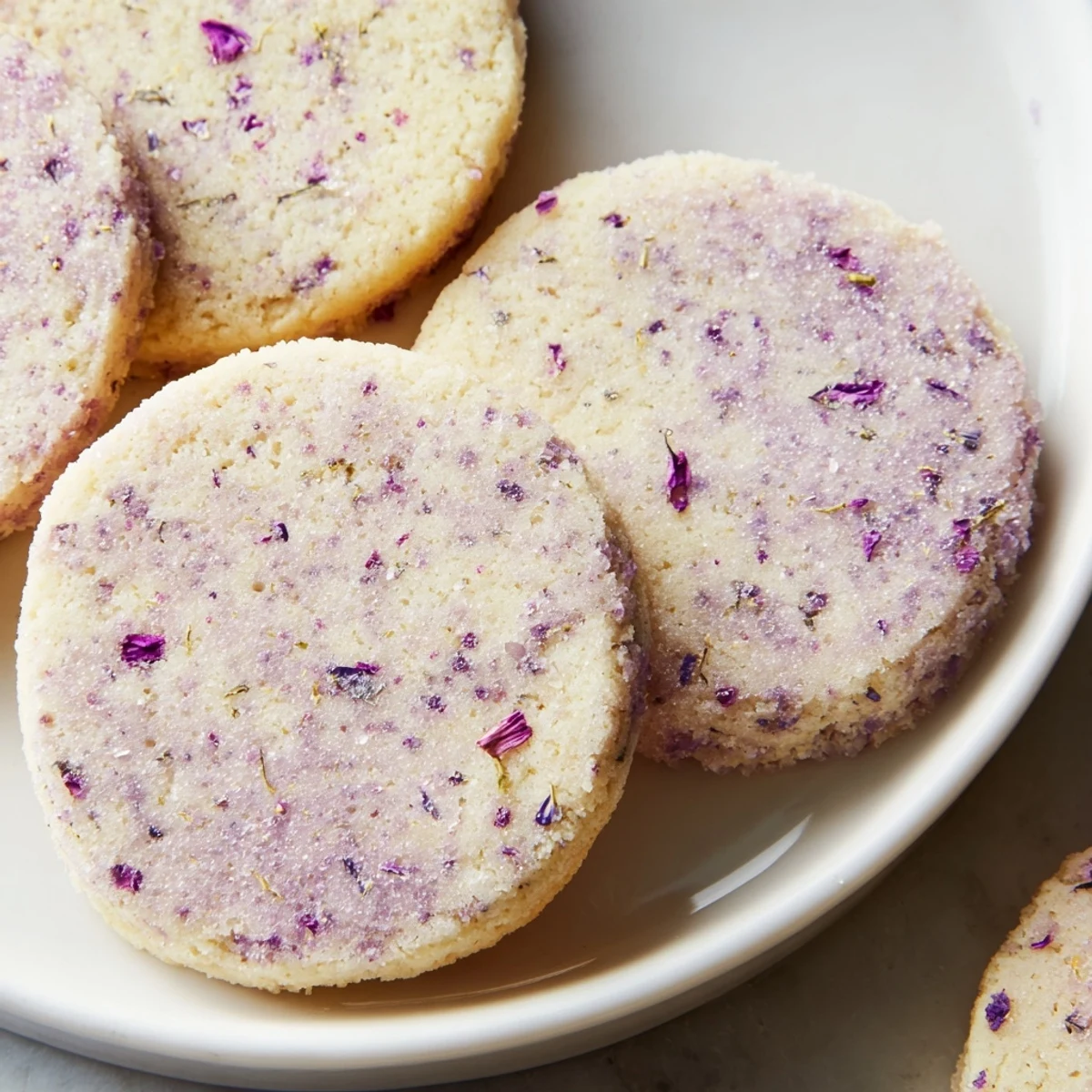 Buttery lilac sugar cookies arranged on a vintage plate for spring afternoon tea