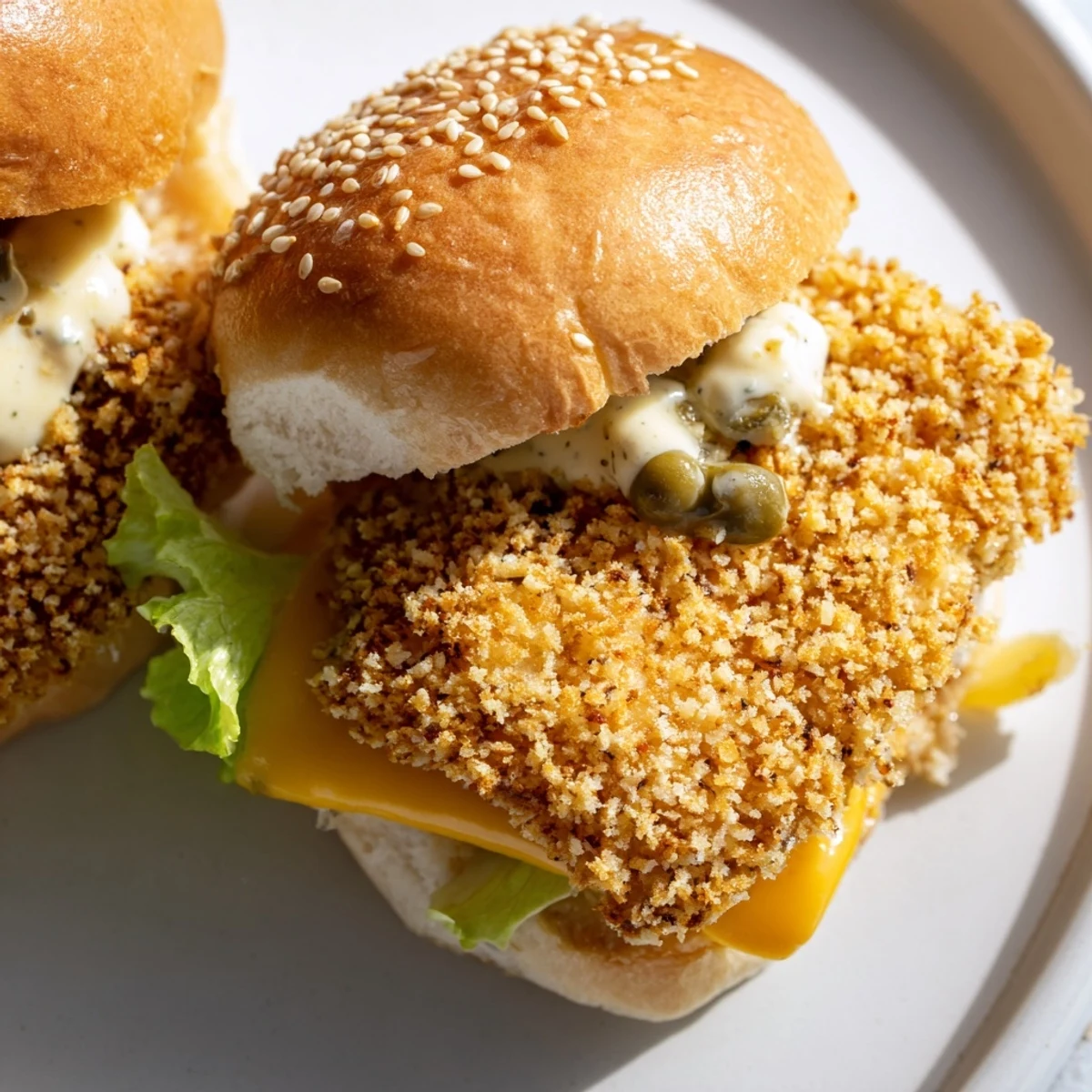Crispy golden Filet O Fish Sliders with melted cheese and creamy tartar sauce on toasted buns
