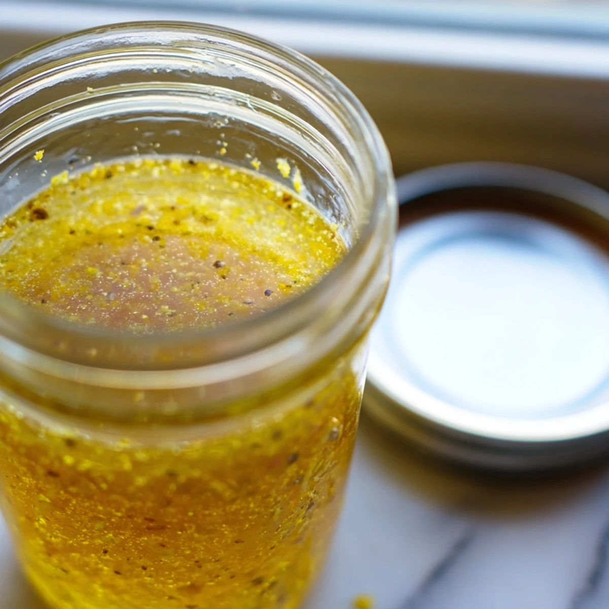 Golden citrus vinaigrette drizzled over crisp mixed greens in a white bowl