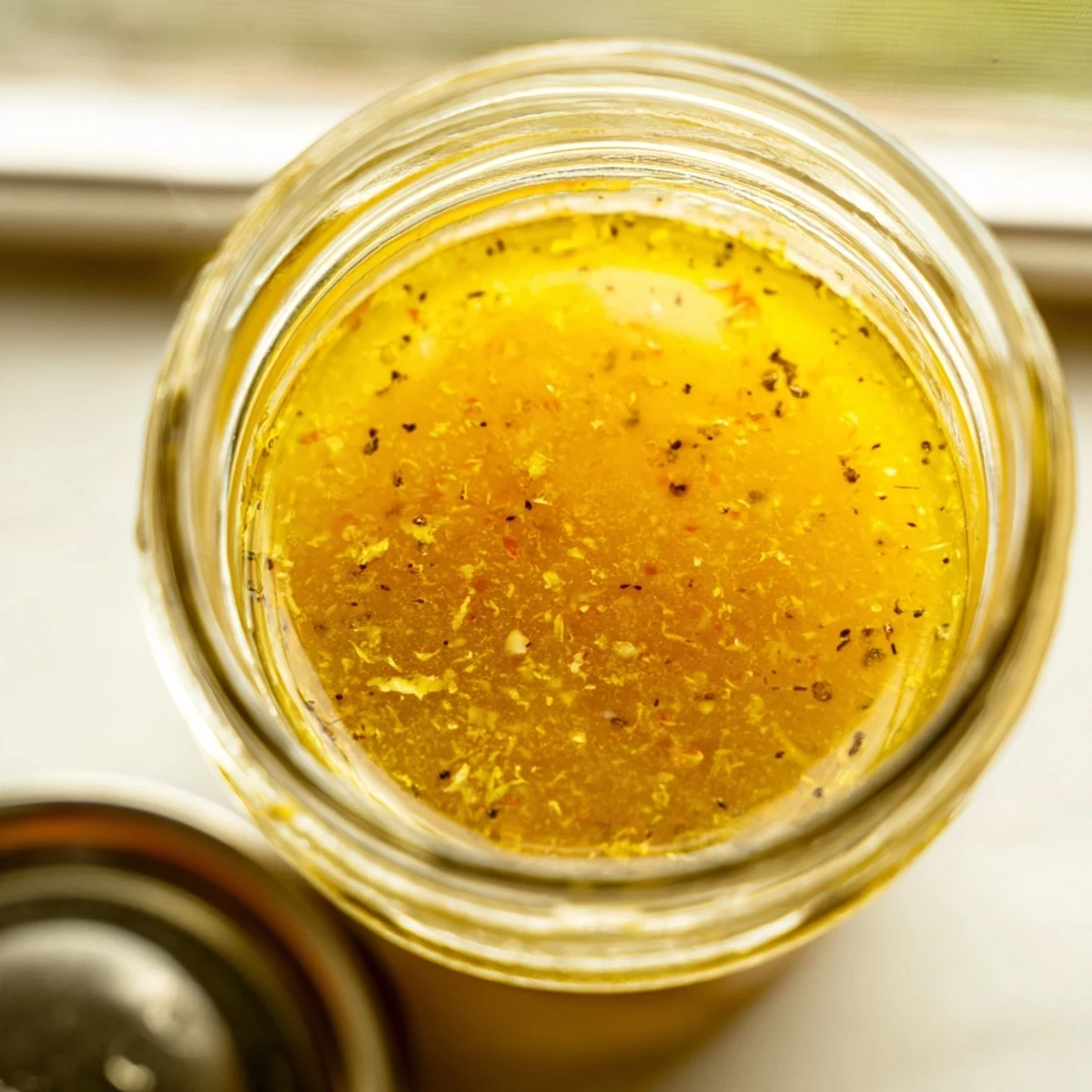 Bright citrus vinaigrette pooled in a mason jar beside fresh orange slices