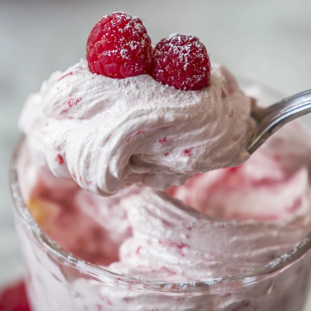 Fluffy raspberry cloud mousse topped with fresh berries in elegant glass serving cups