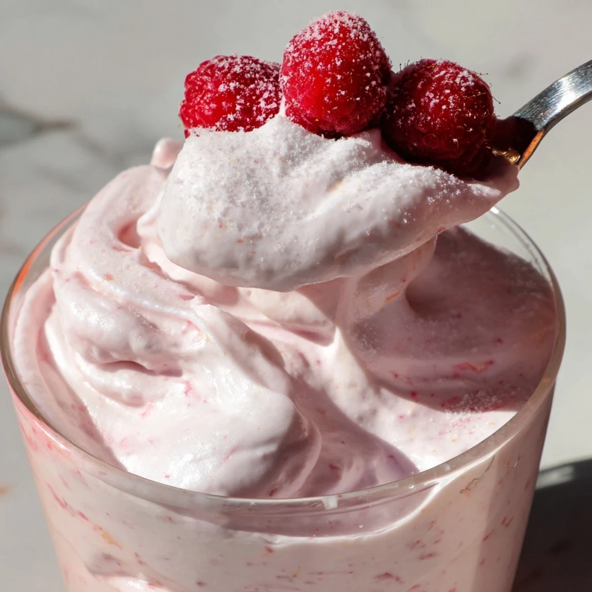 Silky pink raspberry cloud mousse with airy whipped texture and bright red garnish