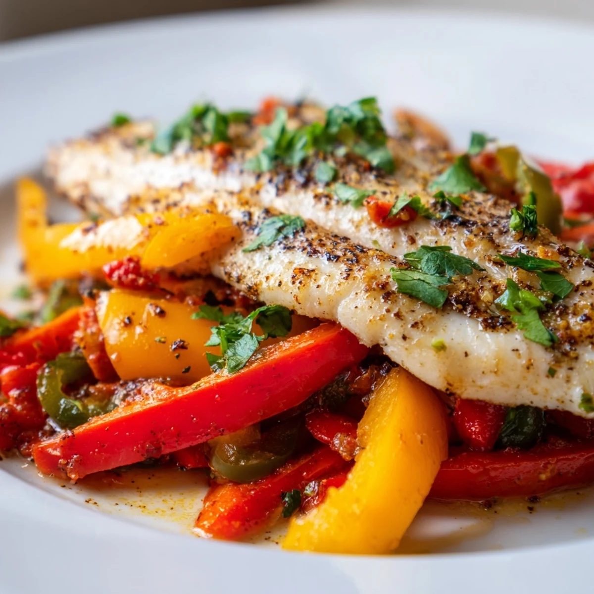 Golden tilapia fillets nestled in a spicy roasted pepper skillet with vibrant red and yellow peppers