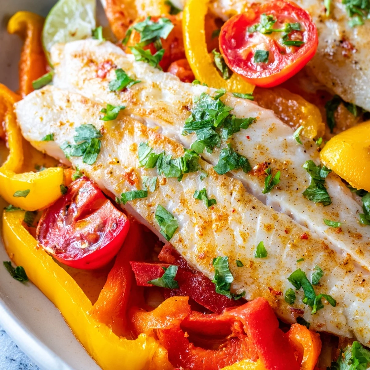 Spicy roasted pepper tilapia skillet garnished with fresh cilantro and drizzled with tangy lime juice