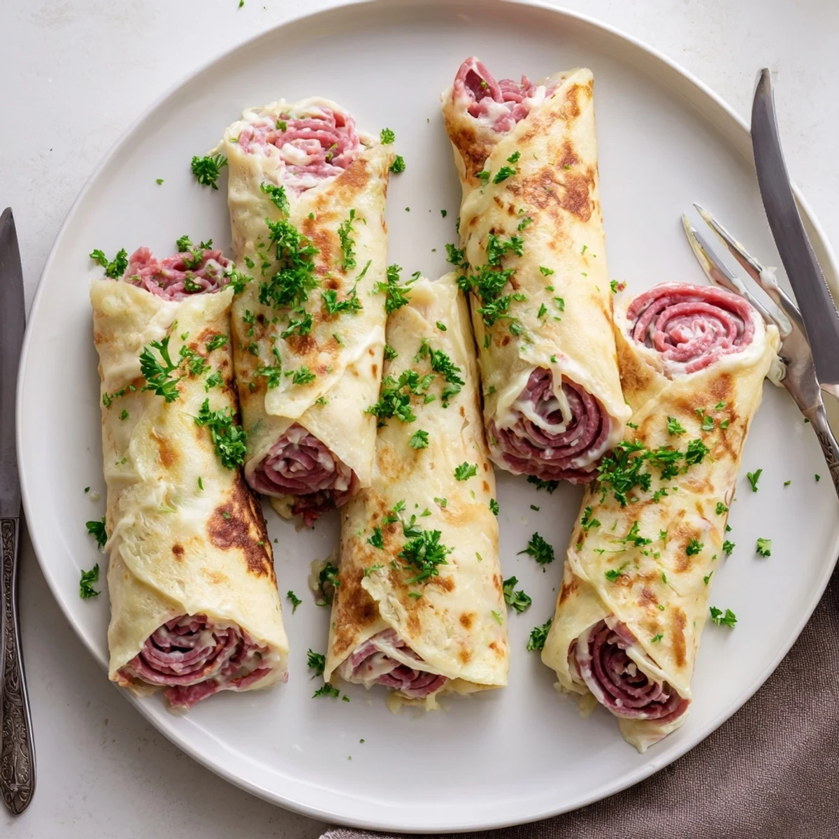 Golden low carb Reuben egg roll ups stuffed with corned beef and melted Swiss cheese