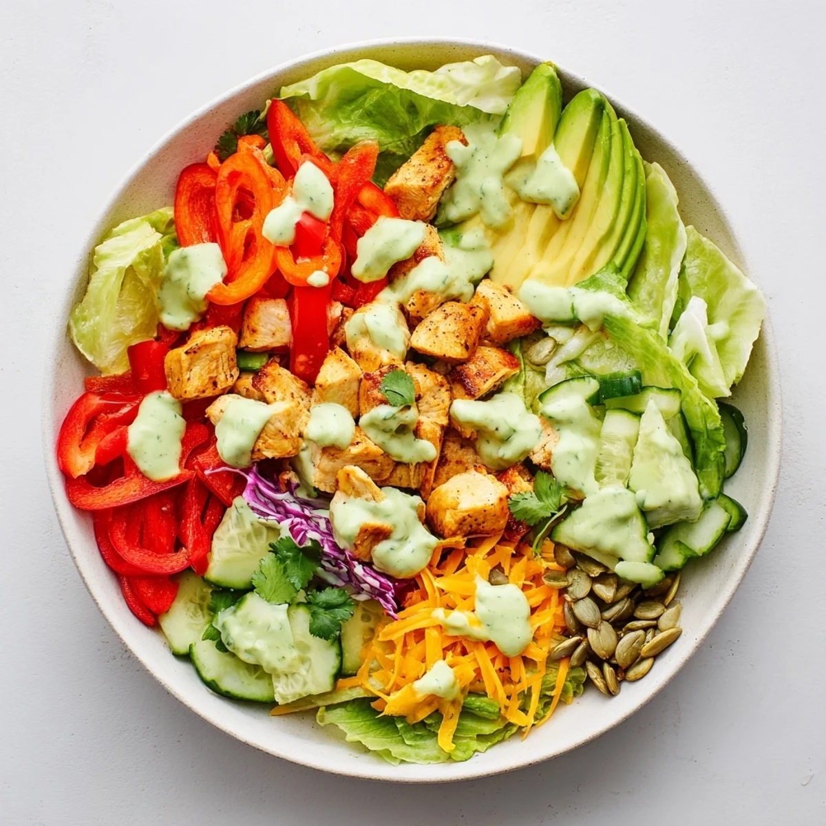 Colorful keto bowls loaded with fresh vegetables, seasoned chicken, and creamy avocado dressing ready to serve