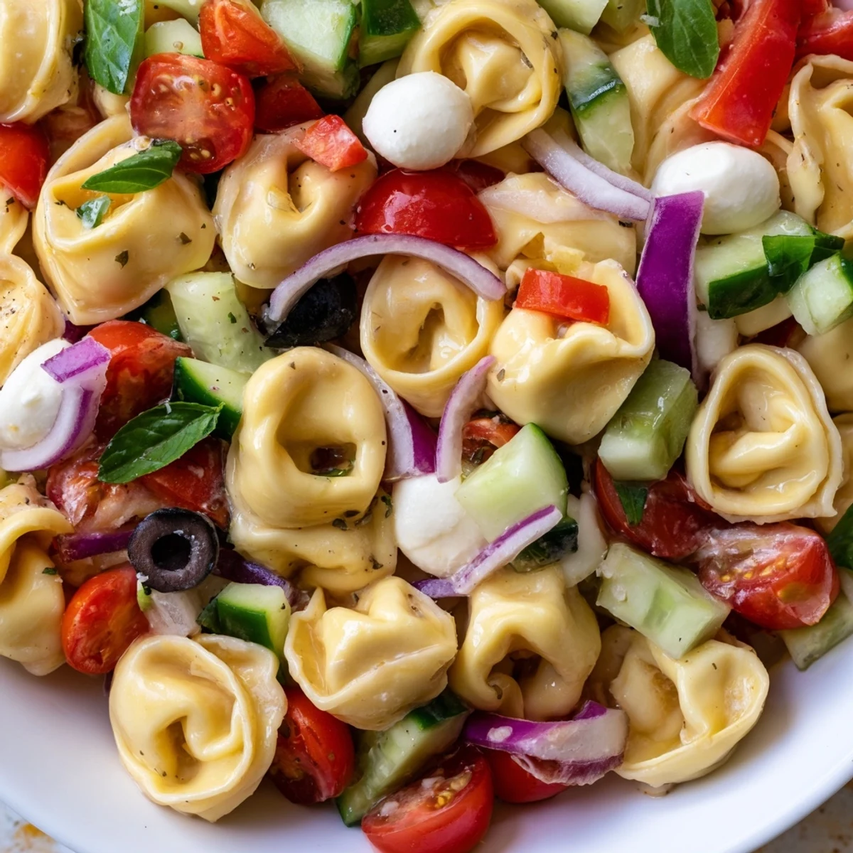 Tortellini salad featuring tender cheese pasta, crisp vegetables, and mozzarella tossed in herb vinaigrette