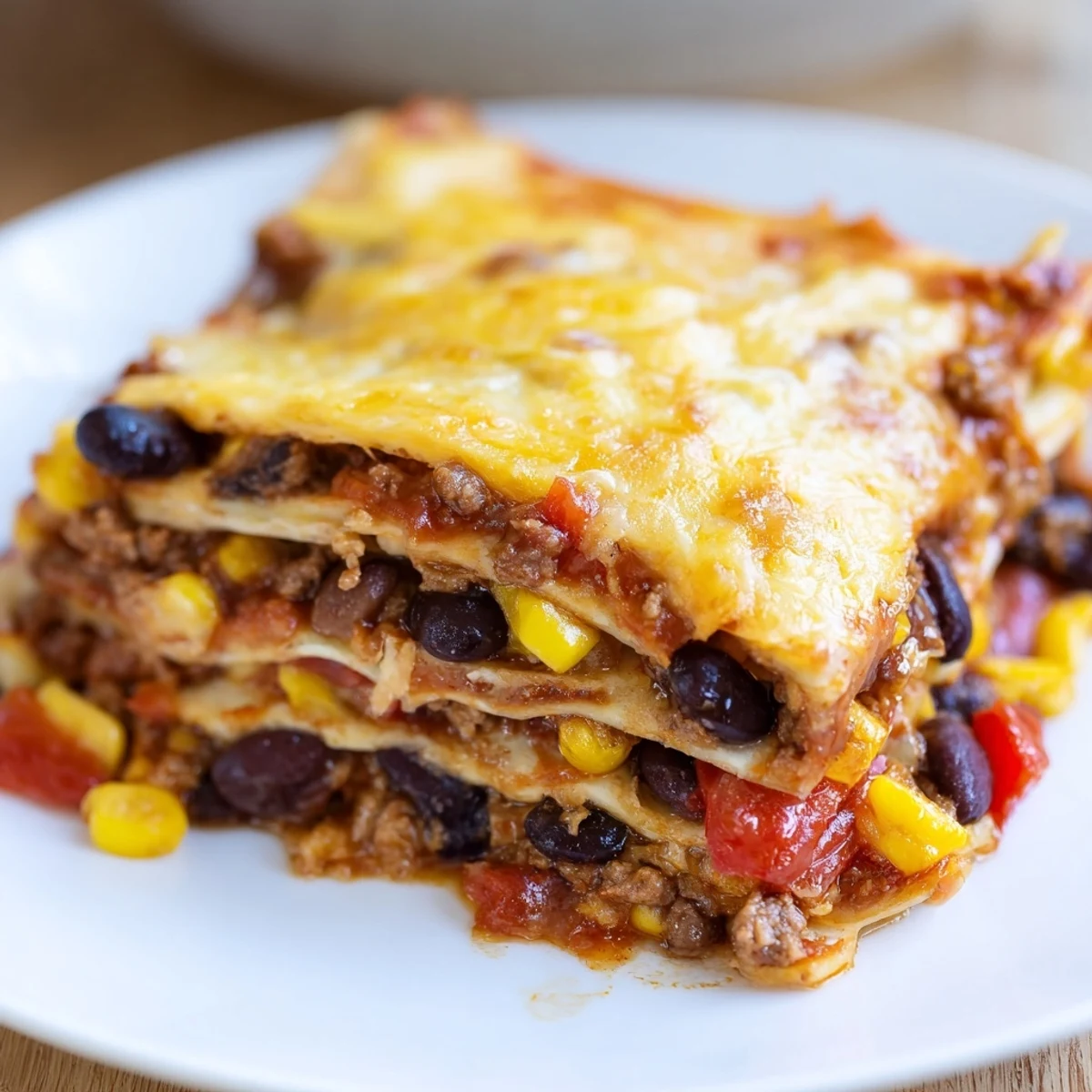 Golden bubbling Mexican lasagna with melted cheese and vibrant Tex-Mex beef filling