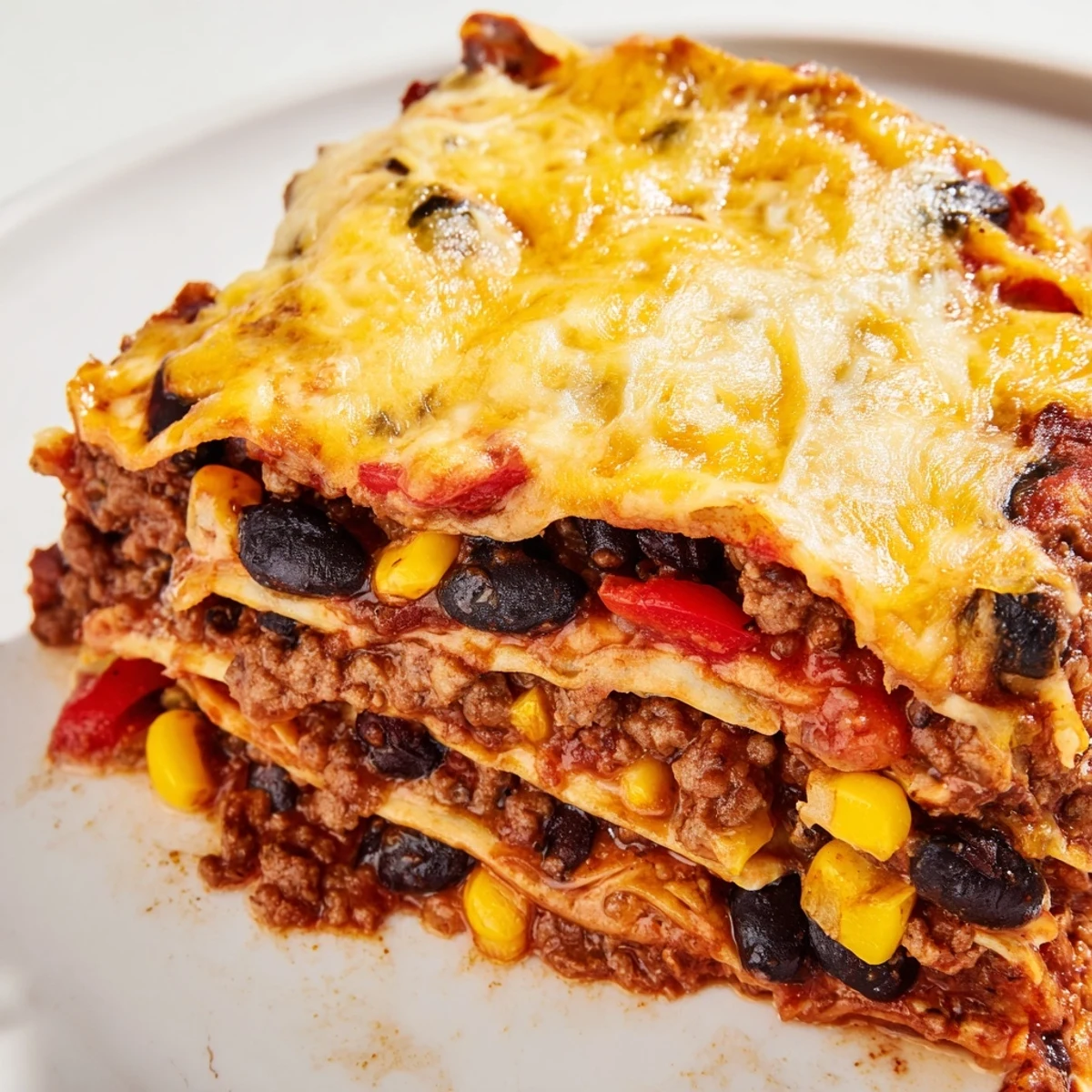 Mexican lasagna layered with tortillas spiced beef beans and gooey melted cheese