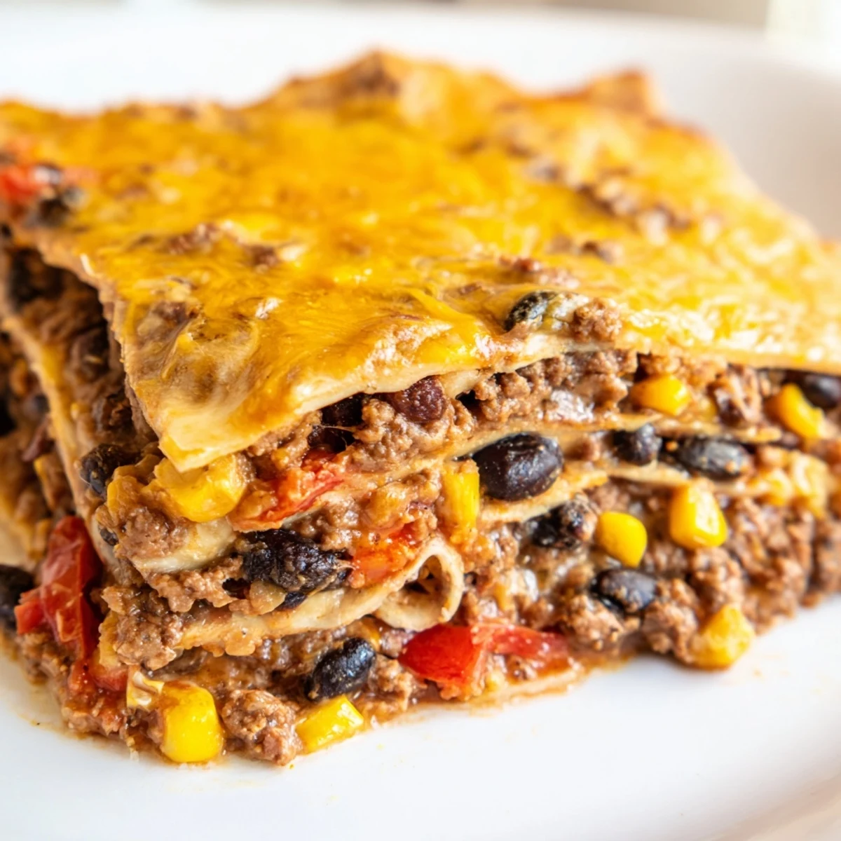 Steaming Mexican lasagna fresh from oven topped with cilantro and sour cream