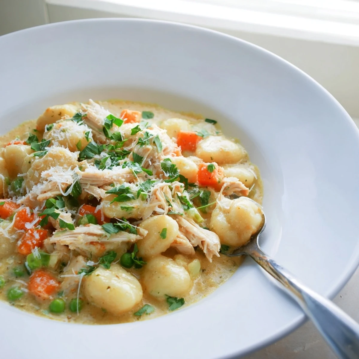 Creamy one pot gnocchi chicken pot pie topped with fresh parsley in a rustic skillet