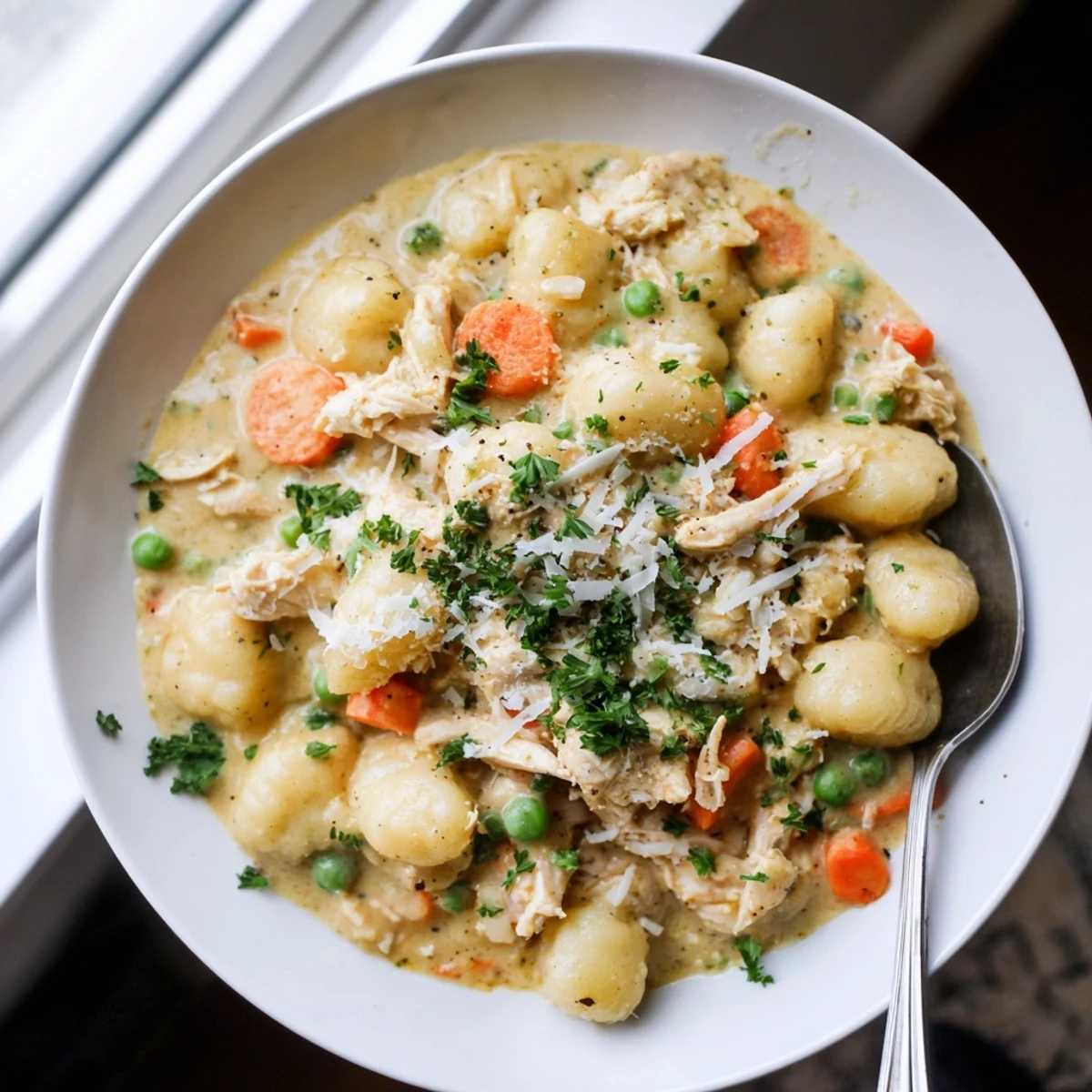 Golden one pot gnocchi chicken pot pie with tender vegetables in rich savory sauce