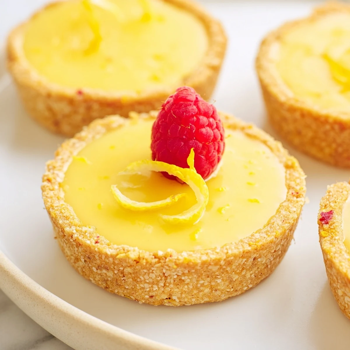Creamy mini vegan lemon tarts with golden almond crusts arranged on a decorative platter