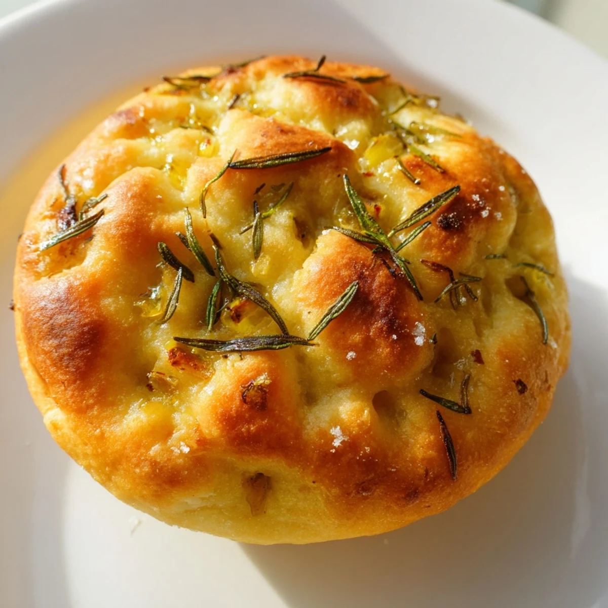 Golden garlic rosemary focaccia muffins topped with olive oil and fresh herbs on rustic plate