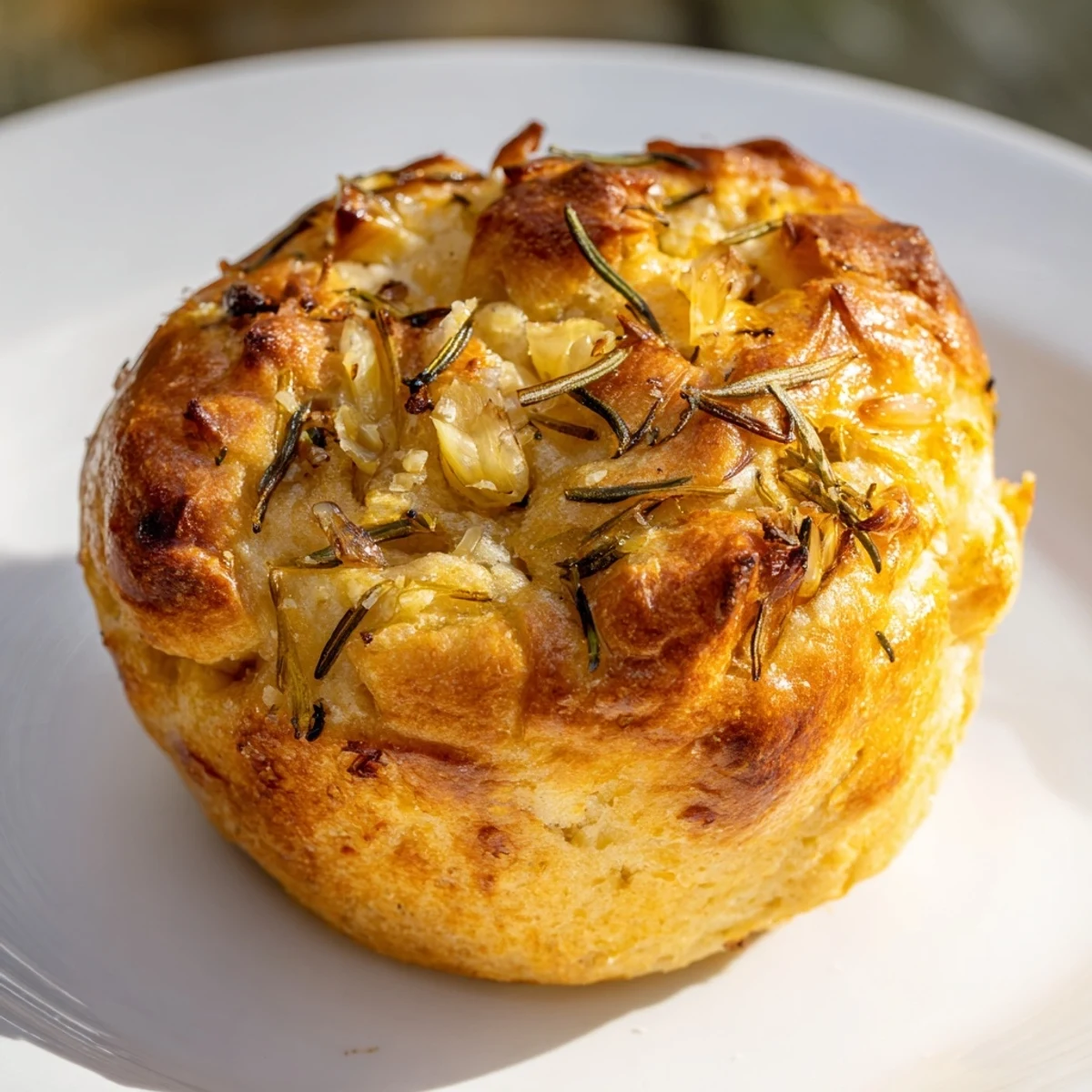 Warm garlic rosemary focaccia muffins fresh from oven with crispy golden brown edges