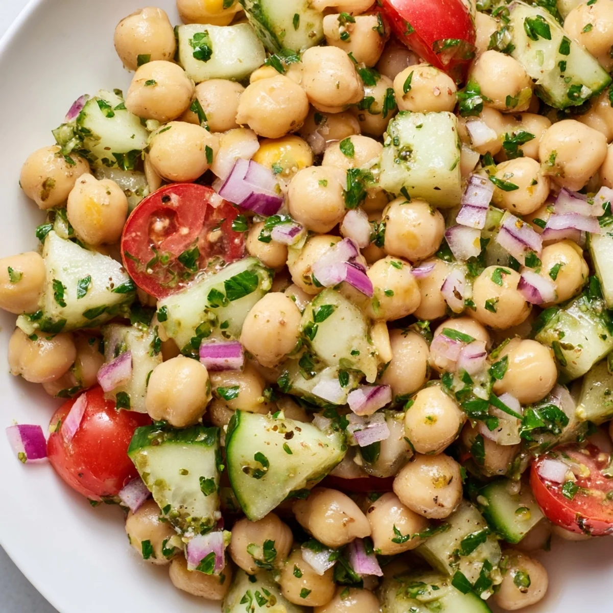 Chickpea cucumber salad in a white bowl with fresh herbs and lemon dressing
