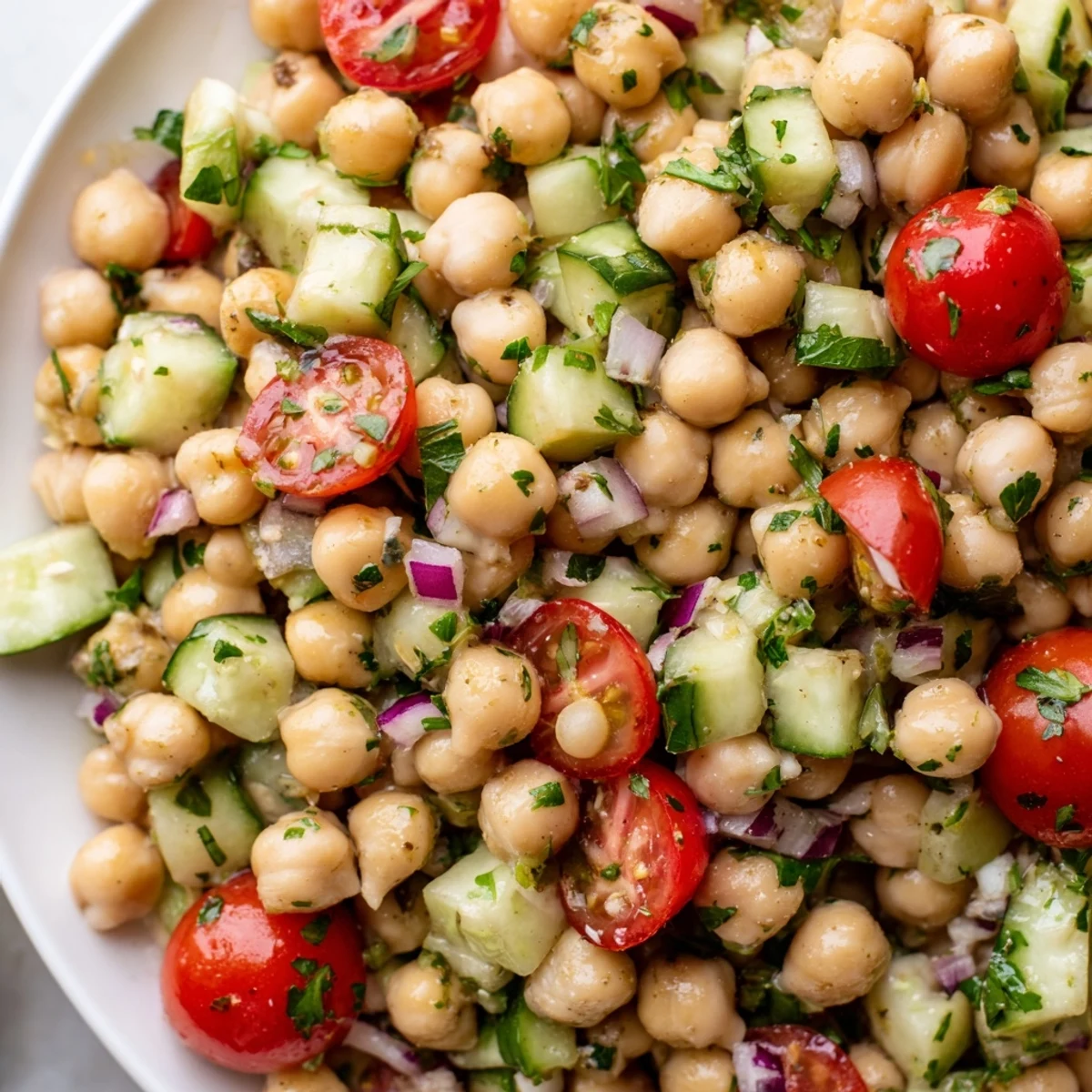 Crispy cucumber and chickpeas tossed with tomatoes in a bright Mediterranean chickpea cucumber salad